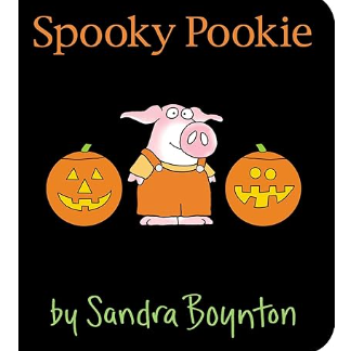 Illustration of Pookie the little pig trying on different Halloween costumes, including a ghost, a pumpkin, and a superhero, in the charming board book ‘Spooky Pooky’ by Sandra Boynton. Perfect for toddlers and their caregivers during the Halloween season.